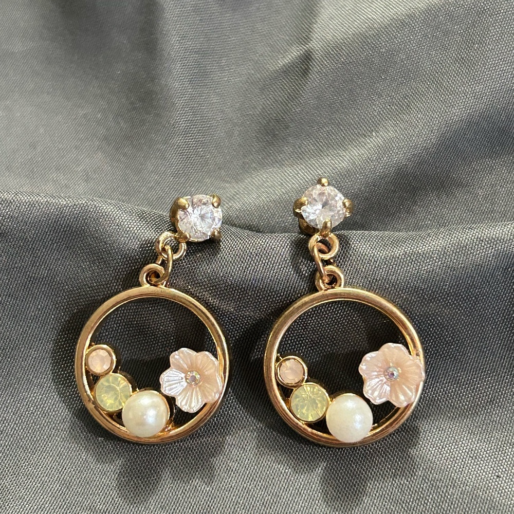 Gold Tone Open Circle Earrings with Flowers and Gems